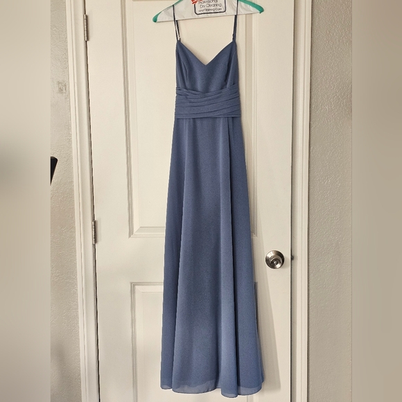 David's Bridal Chiffon Steel BLUE Maxi Dress W Pockets - Picture 2 of 8